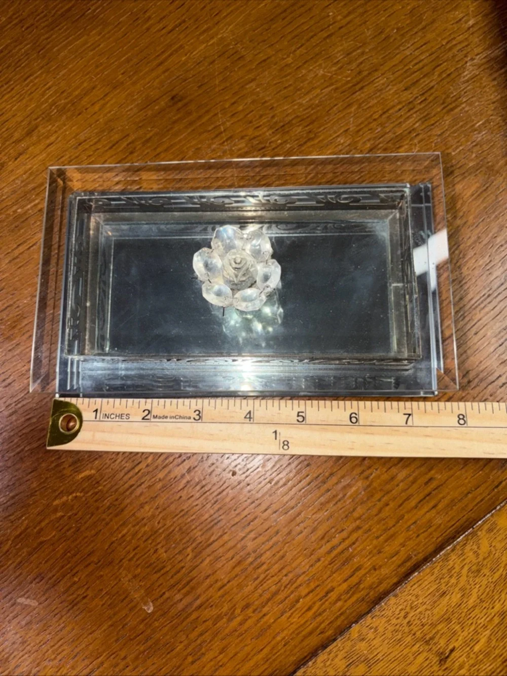VINTAGE Studio Silversmith Mirrored w/Crystal Rose Handle Beveled Glass Box